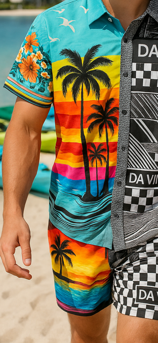 Person wearing a colorful tropical shirt with palm trees on a beach.